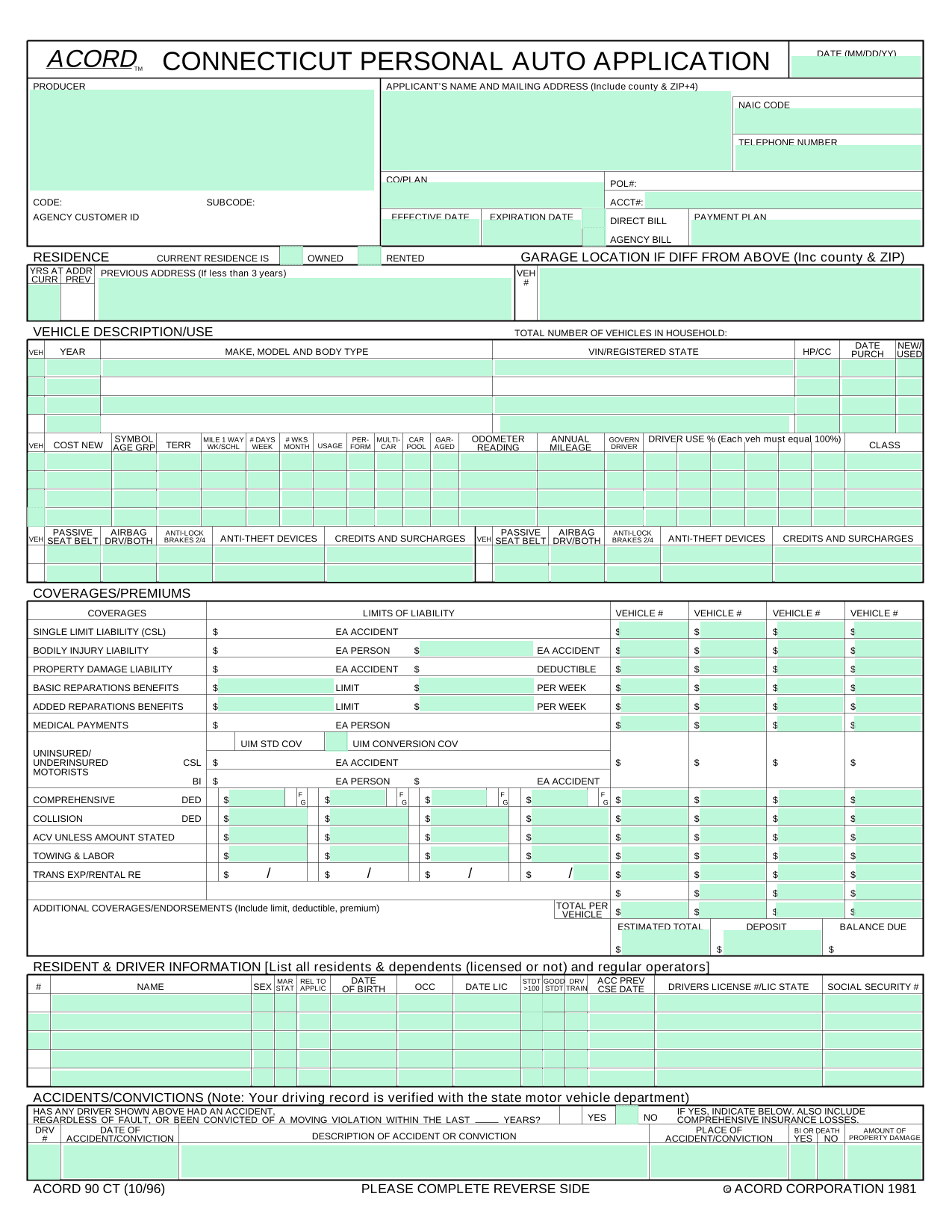 Connecticut Personal Auto Application (ACORD 90 CT) screenshot