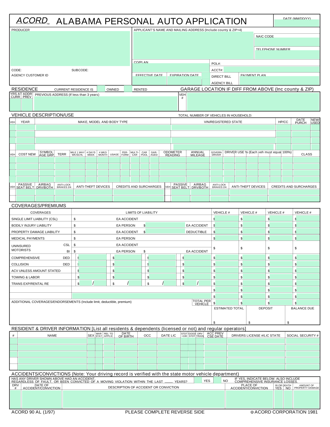 Alabama Personal Auto Application (ACORD 90 AL) screenshot