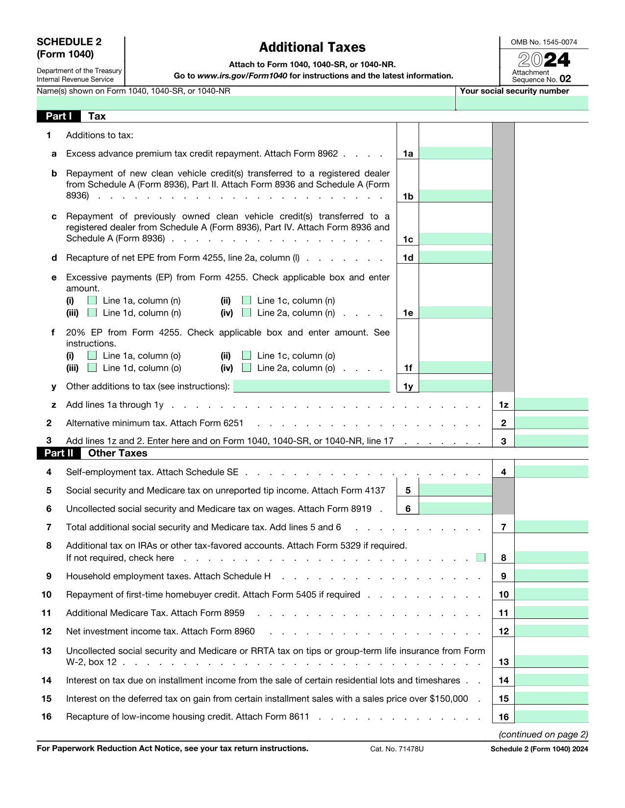 Additional Taxes Schedule (Form 1040) screenshot