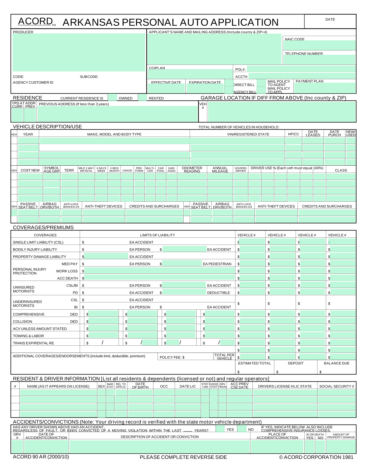 Auto Insurance Application Form screenshot